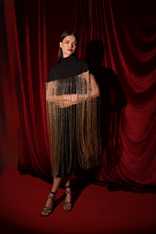 Black Cape with 1-meter gold handmade fringes-Available By Preorder