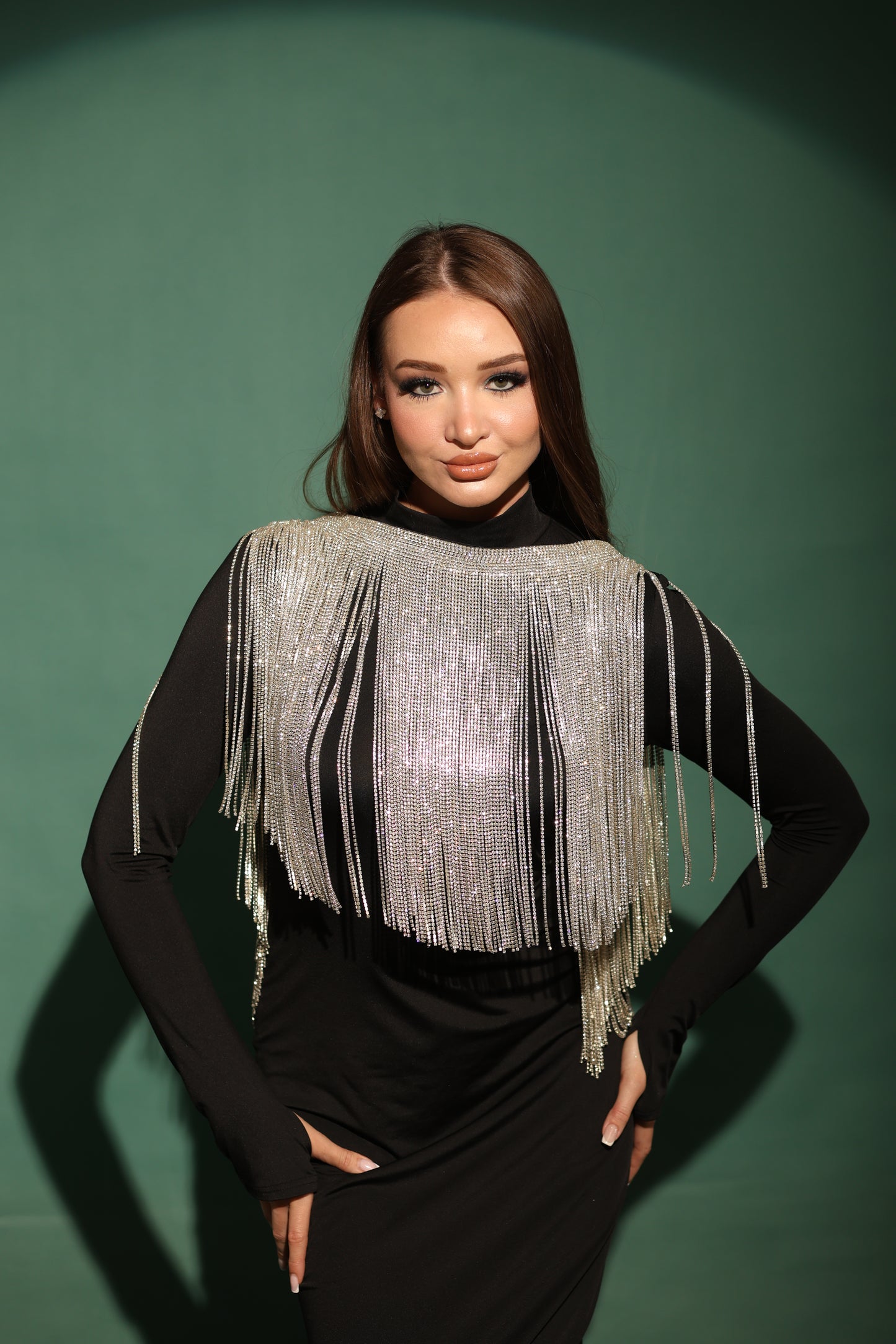 Silver crystal fringes cape-Free size