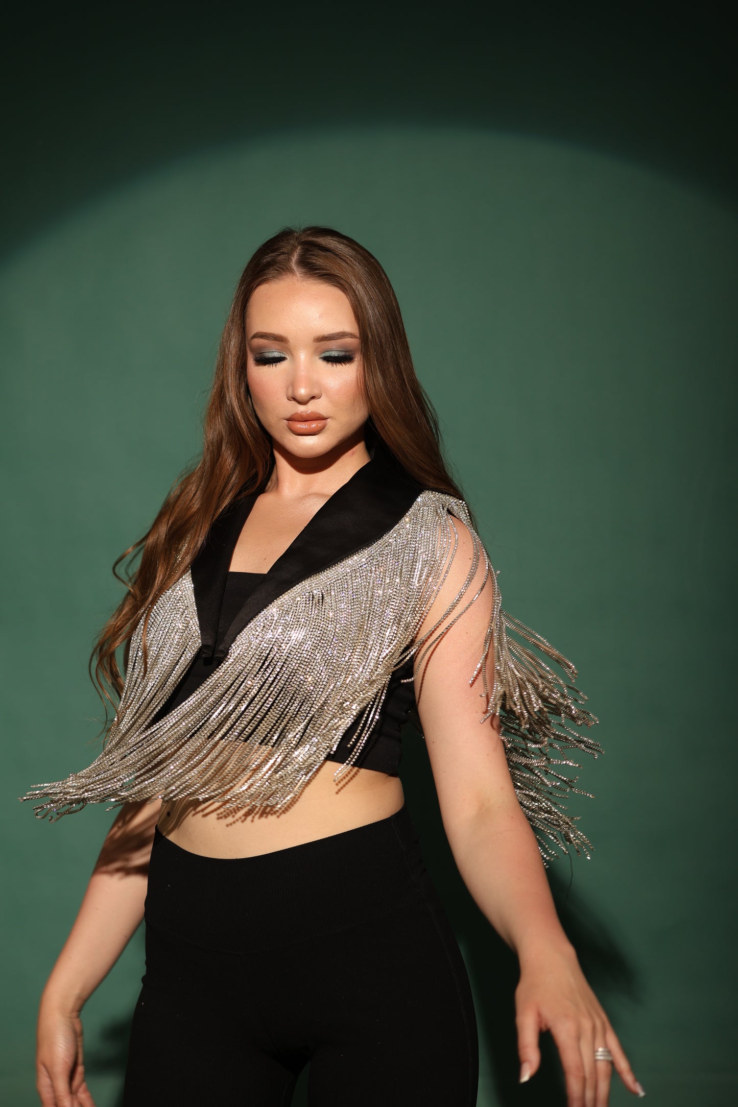 Black Cool-shawl collar with dazzling silver fringes
