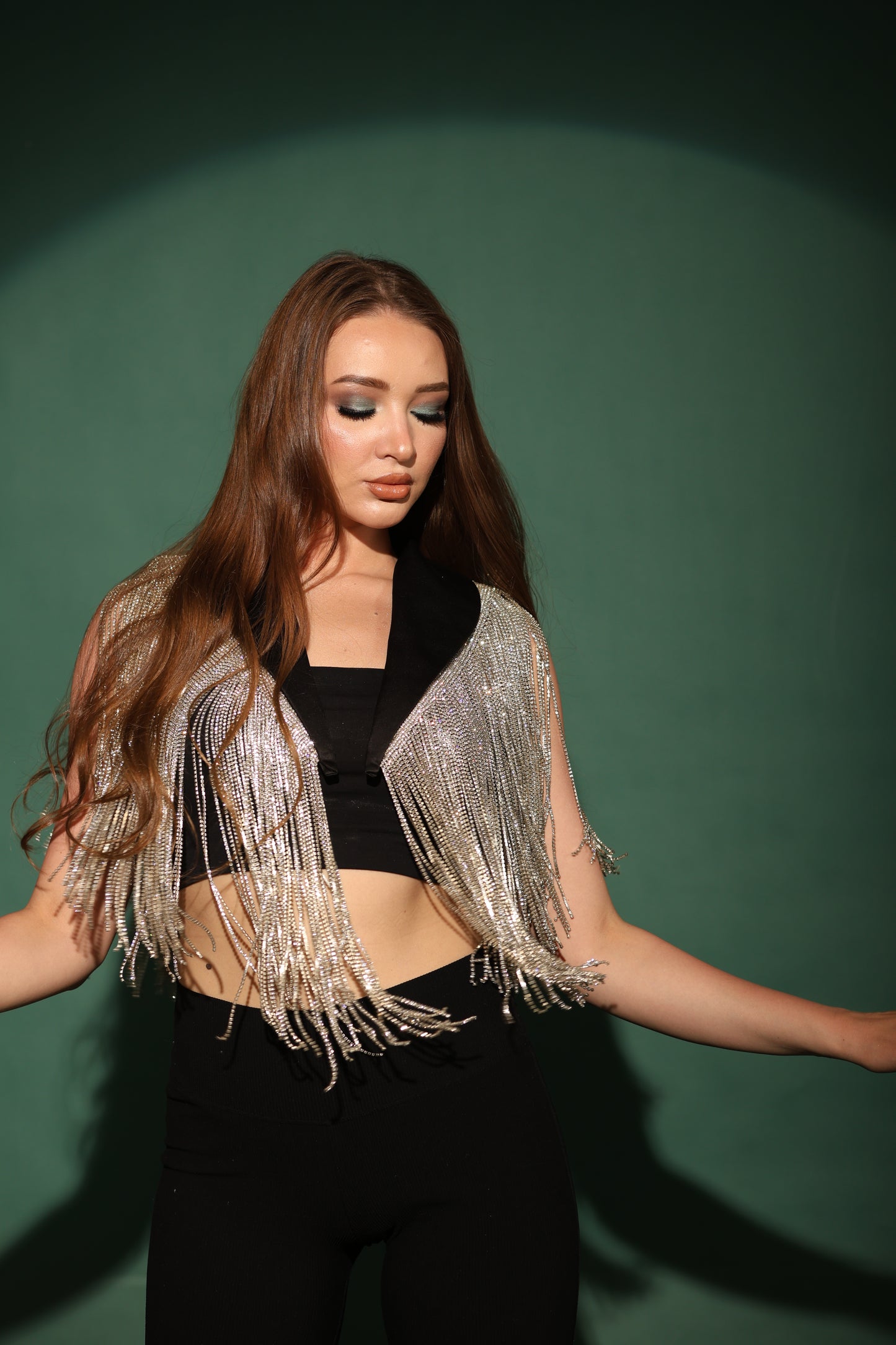 Black Cool-shawl collar with dazzling silver fringes