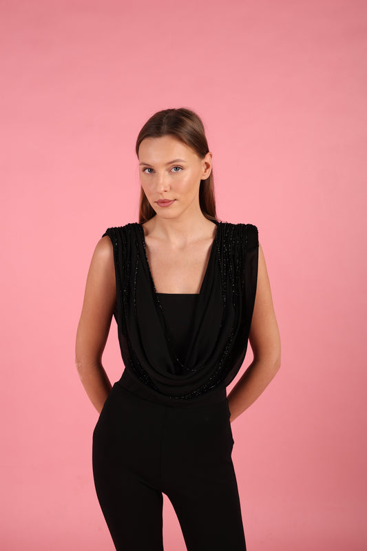 Draped Cowl Neck Top with Black Crystal Chains