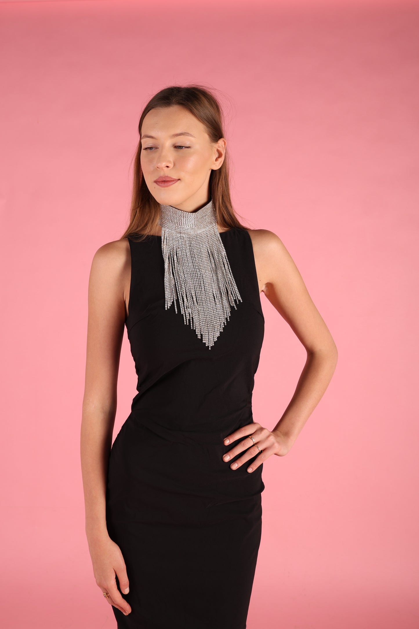 Silver Rhinestone Tassel Collar Statement Neckpiece