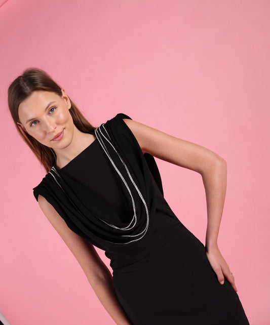 Draped Cowl Neck Top with Crystal Chains