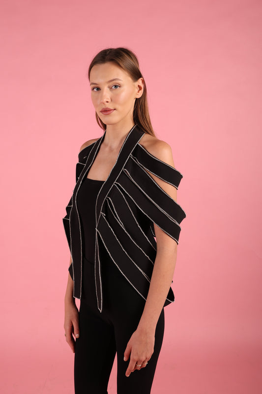 Black Strap Rhinestone Overlay Shoulder cape fits size36/48