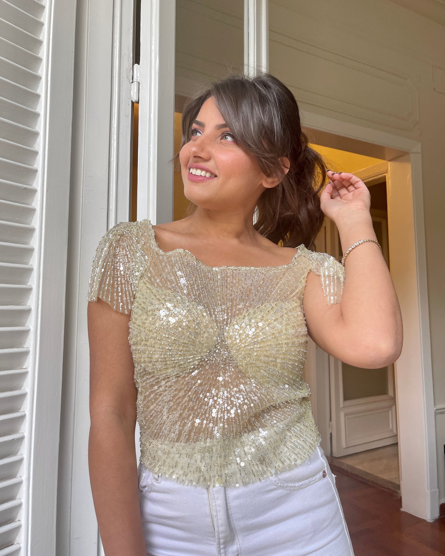 Yellow with silver beads tulle top size 36