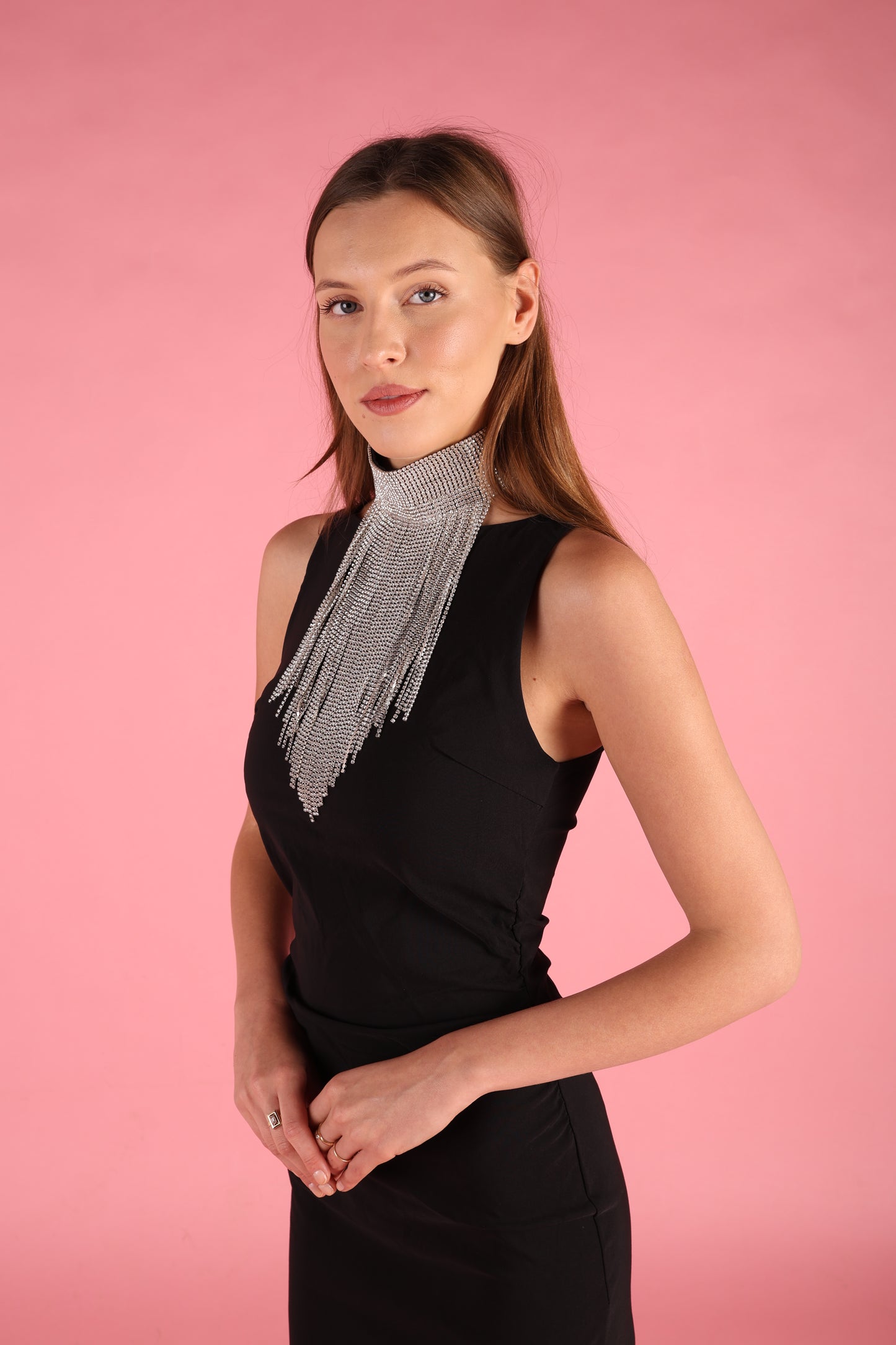 Silver Rhinestone Tassel Collar Statement Neckpiece