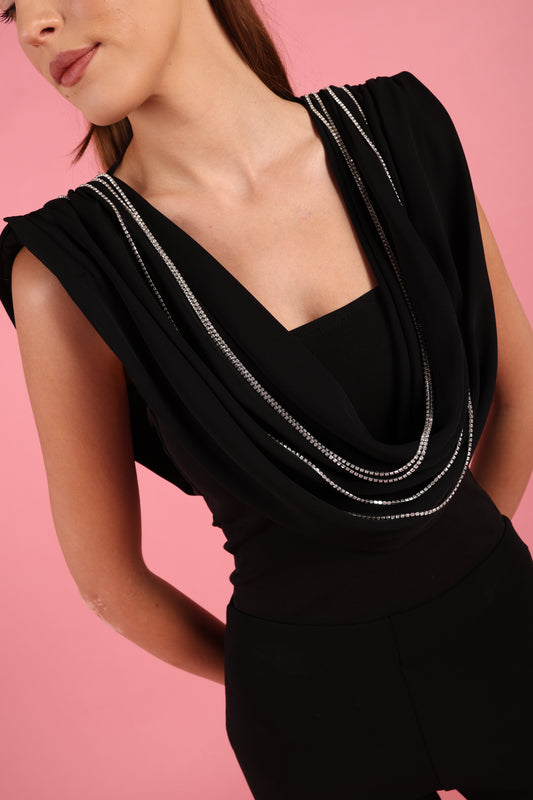 Draped Cowl Neck Top with Crystal Chains