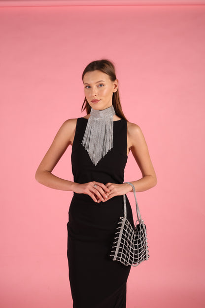 Silver Rhinestone Tassel Collar Statement Neckpiece