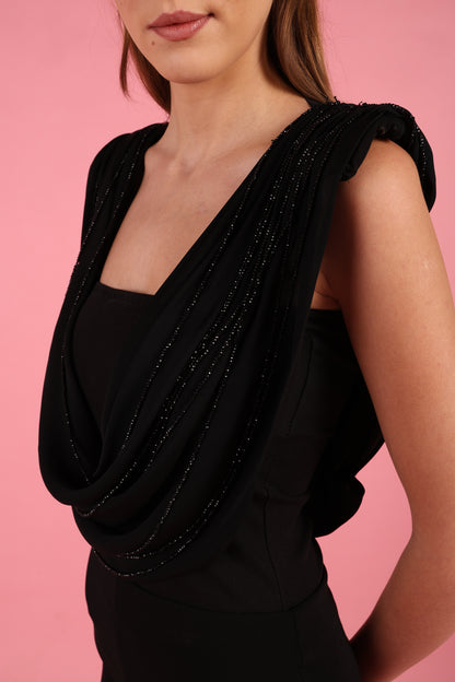 Draped Cowl Neck Top with Black Crystal Chains