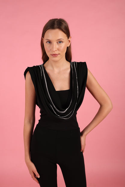 Draped Cowl Neck Top with Crystal Chains