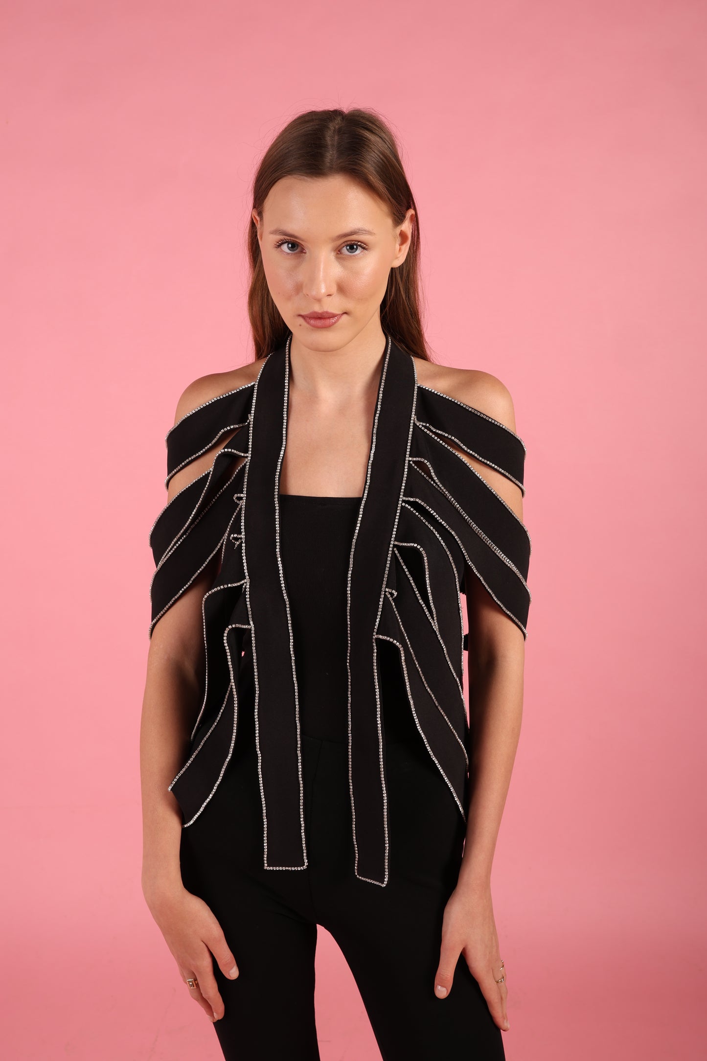 Black Strap Rhinestone Overlay Shoulder cape fits size36/48