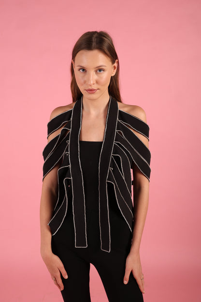 Black Strap Rhinestone Overlay Shoulder cape