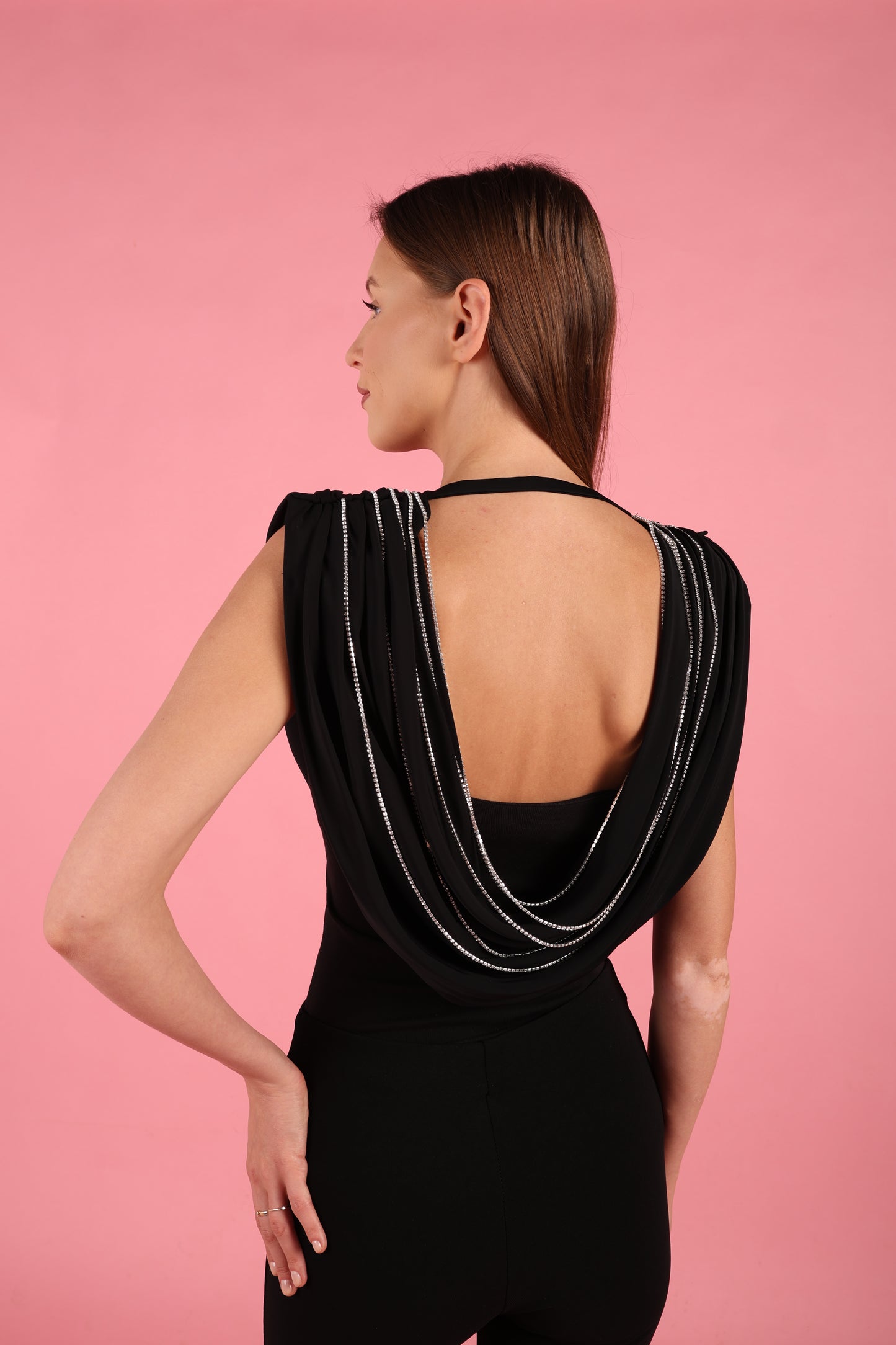Draped Cowl Neck Top with Crystal Chains