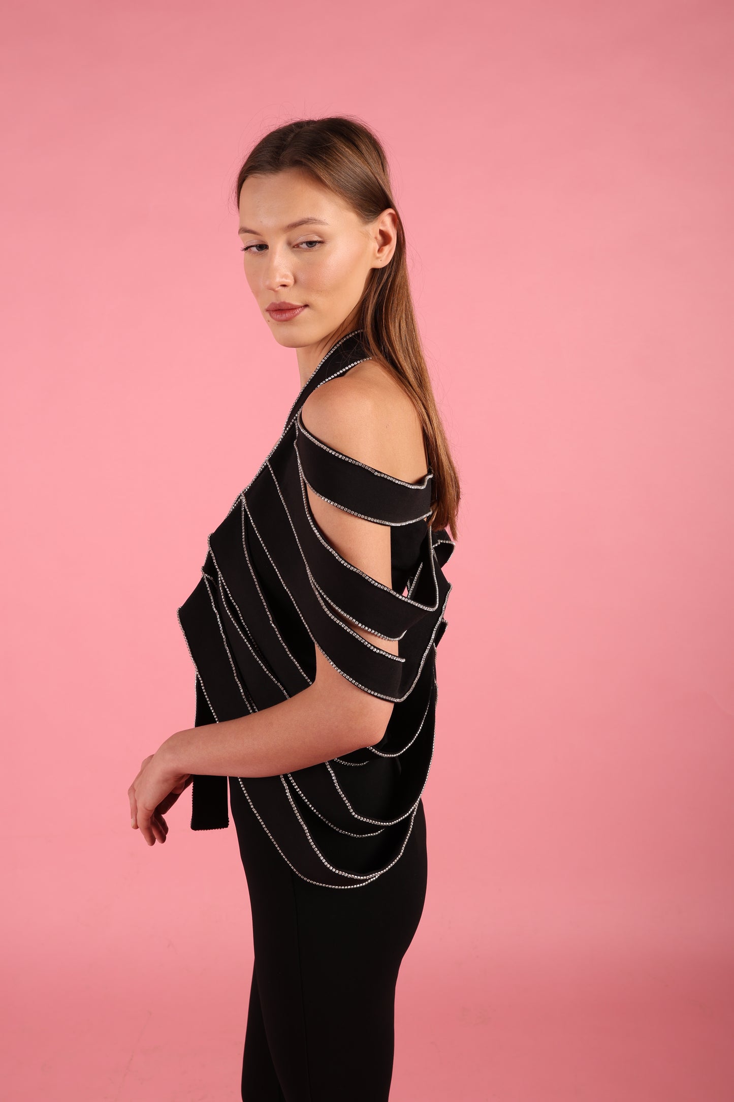 Black Strap Rhinestone Overlay Shoulder cape fits size36/48