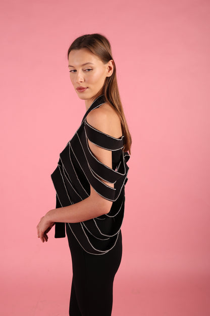 Black Strap Rhinestone Overlay Shoulder cape