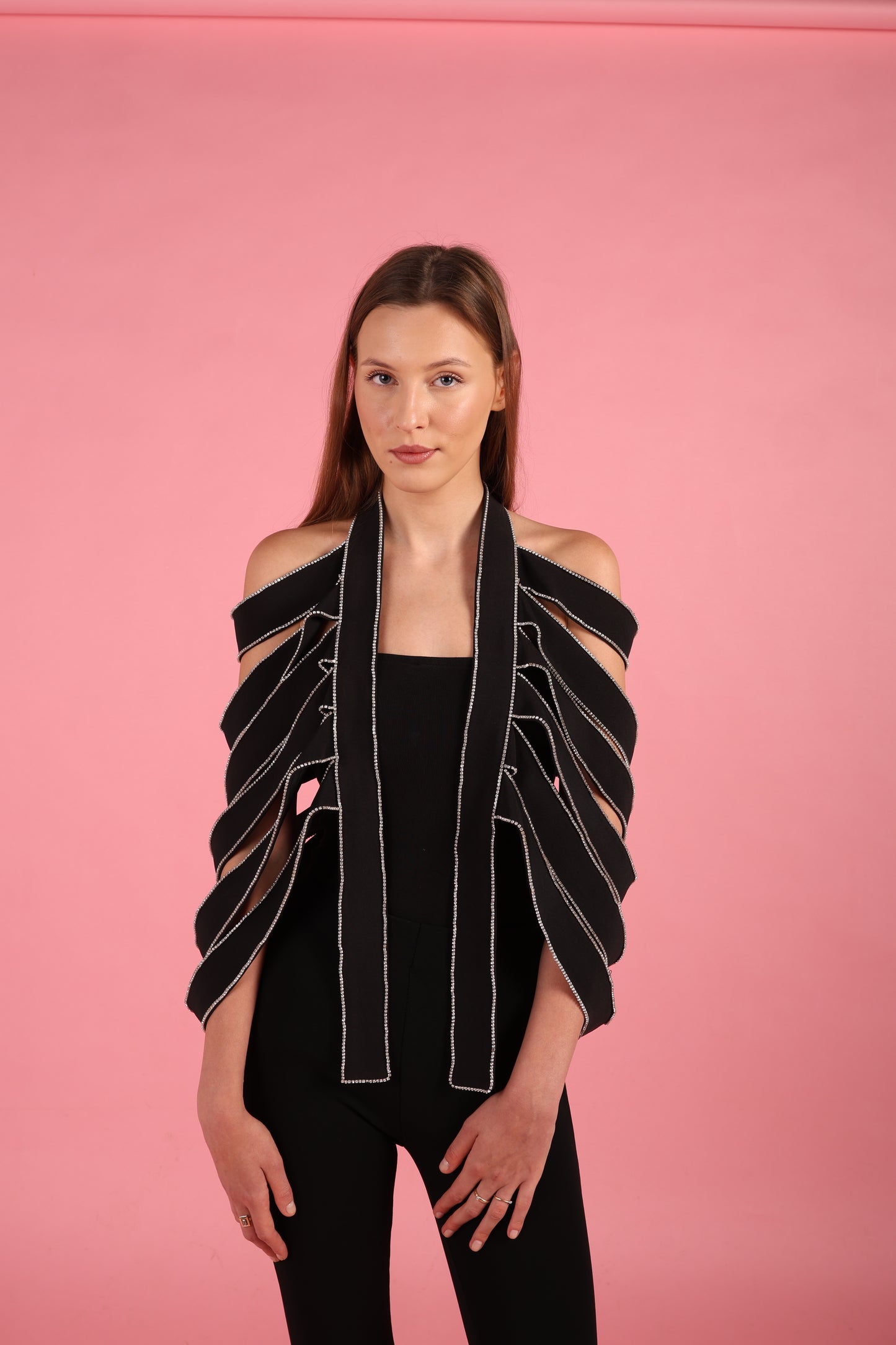 Black Strap Rhinestone Overlay Shoulder cape fits size36/48