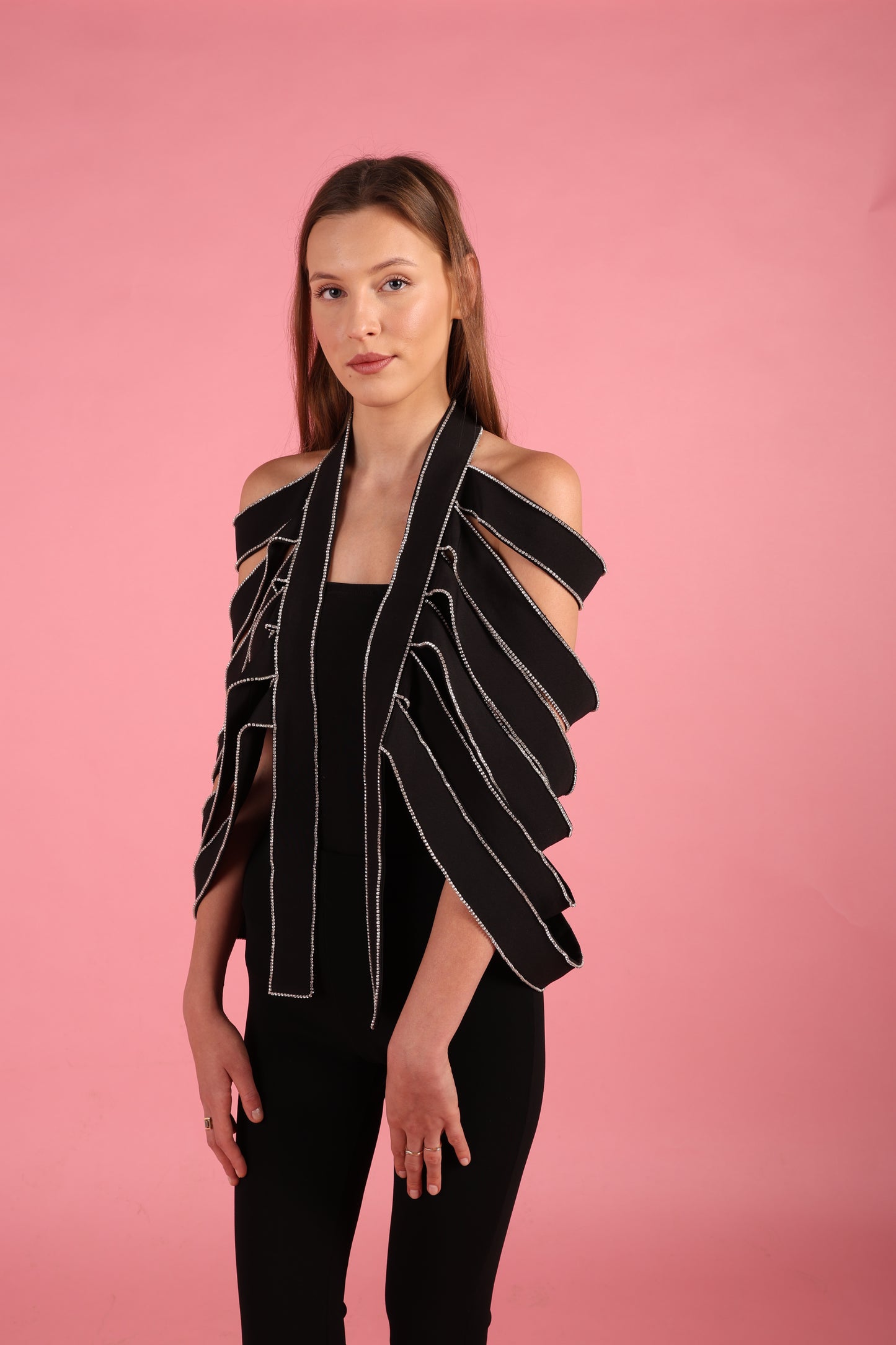 Black Strap Rhinestone Overlay Shoulder cape fits size36/48