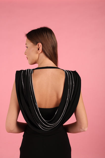 Draped Cowl Neck Top with Crystal Chains
