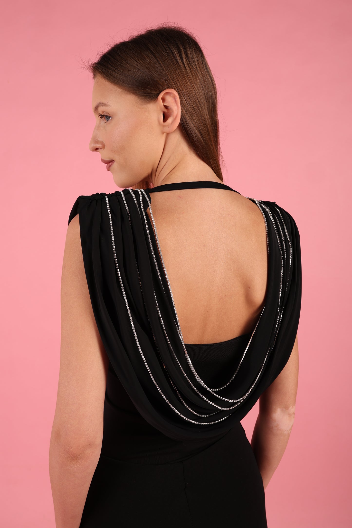 Draped Cowl Neck Top with Crystal Chains