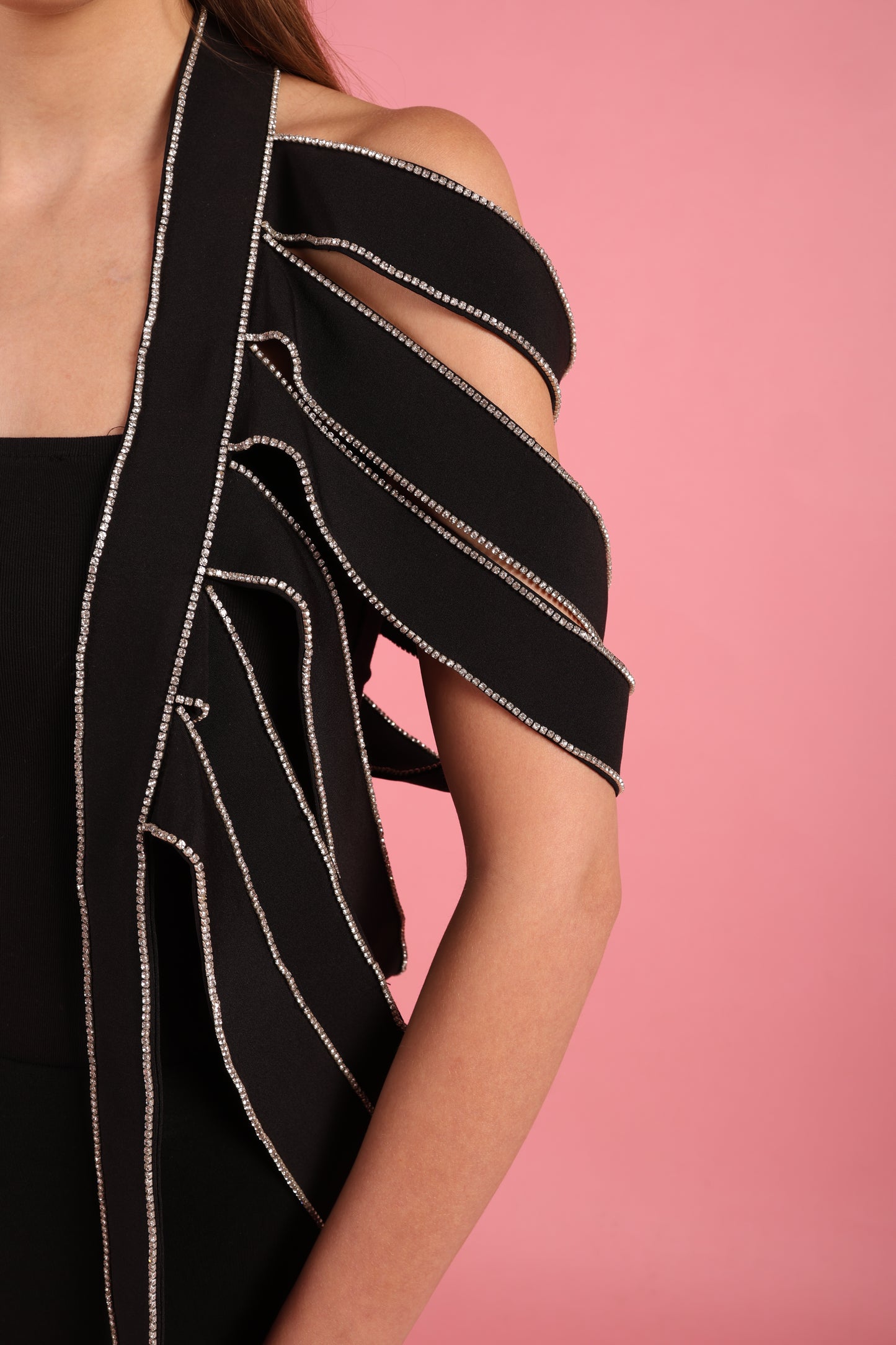 Black Strap Rhinestone Overlay Shoulder cape fits size36/48