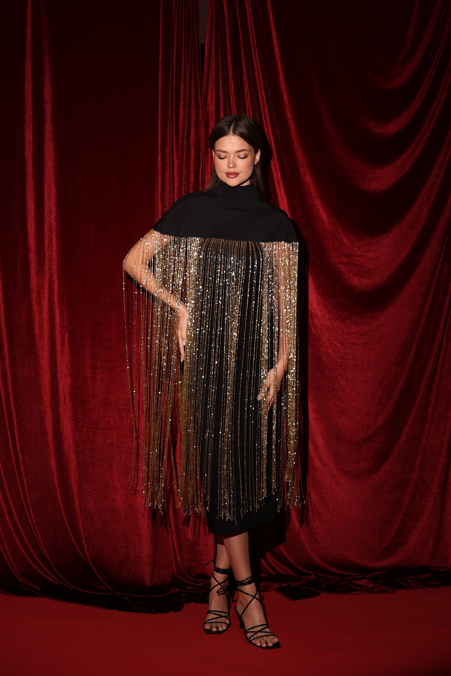 Black Cape with 1-meter gold handmade fringes