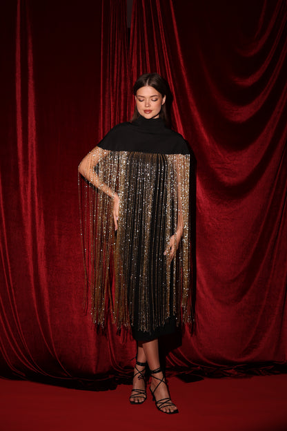 Black Cape with 1-meter gold handmade fringes