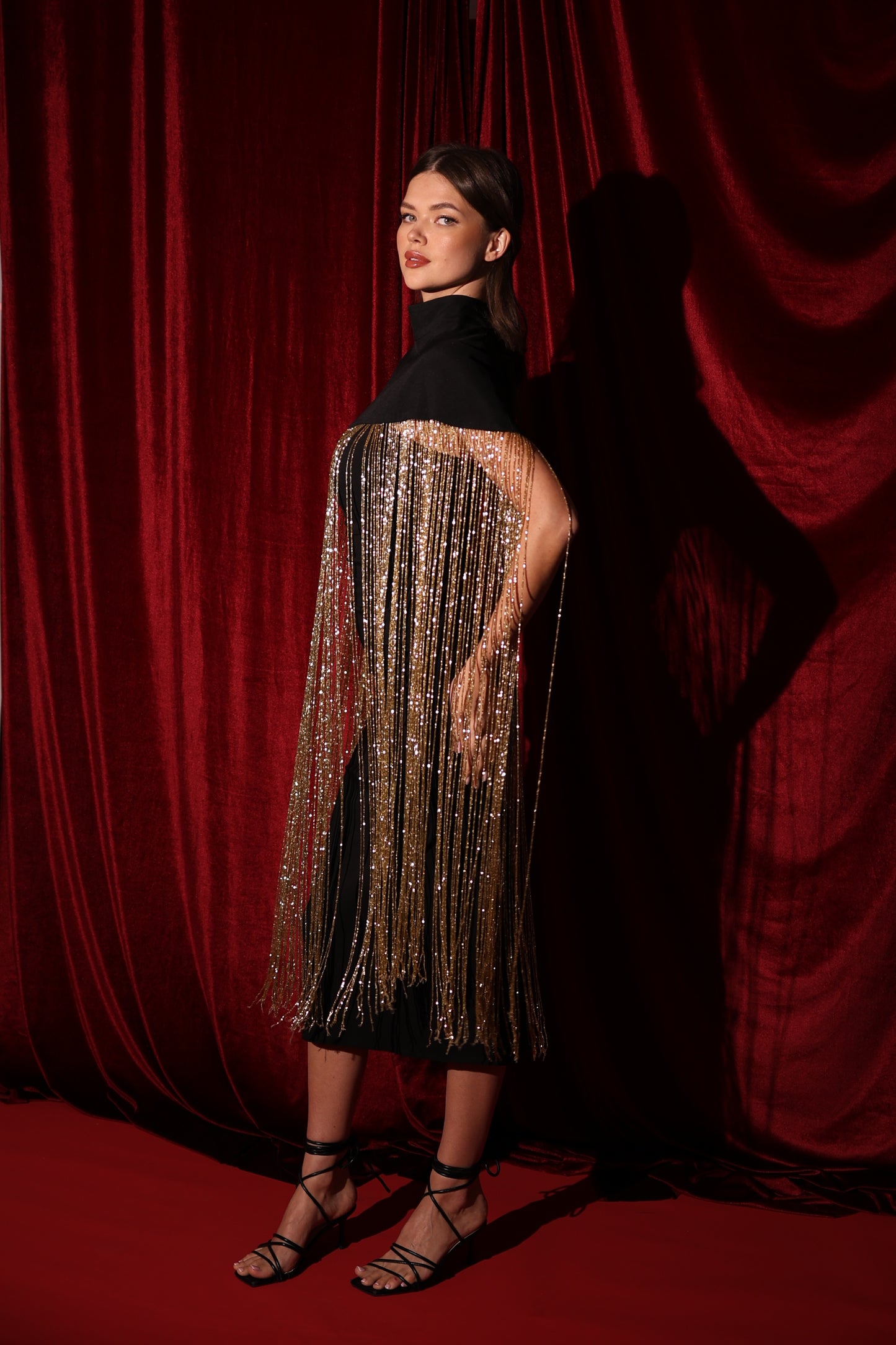 Black Cape with 1-meter gold handmade fringes