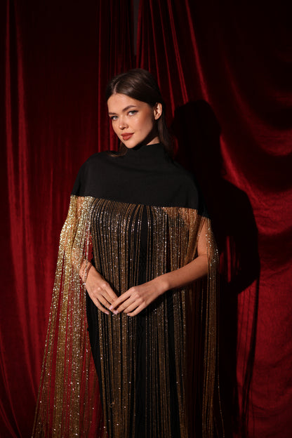 Black Cape with 1-meter gold handmade fringes