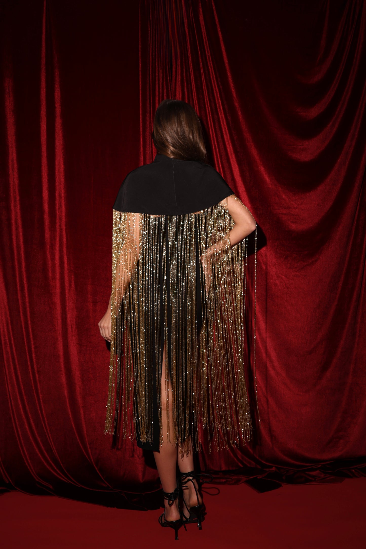 Black Cape with 1-meter gold handmade fringes