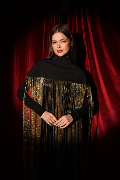 Black Cape with 1-meter gold handmade fringes