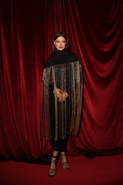 Black Cape with 1-meter gold handmade fringes