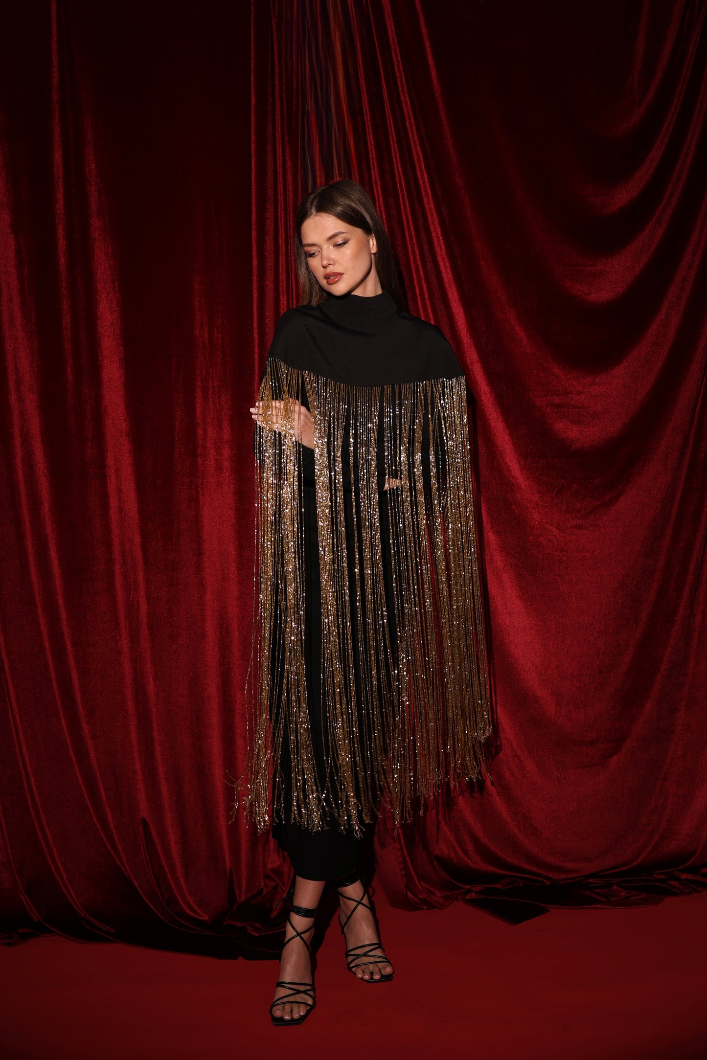 Black Cape with 1-meter gold handmade fringes