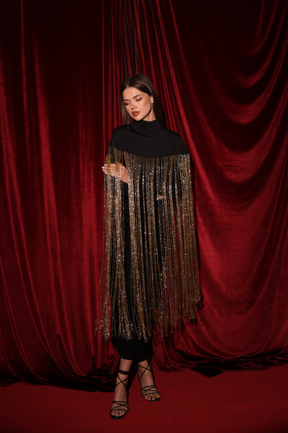 Black Cape with 1-meter gold handmade fringes