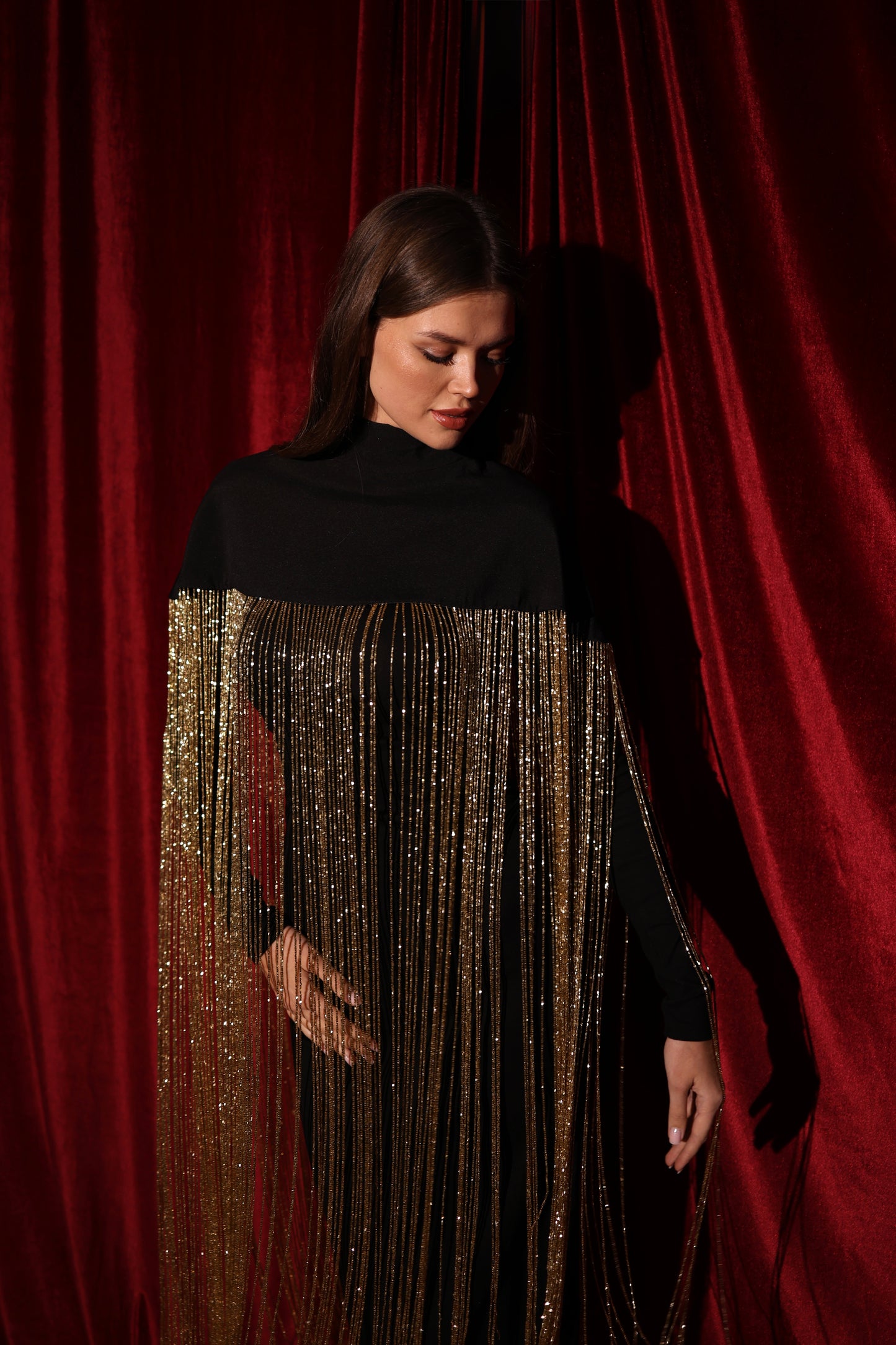 Black Cape with 1-meter gold handmade fringes
