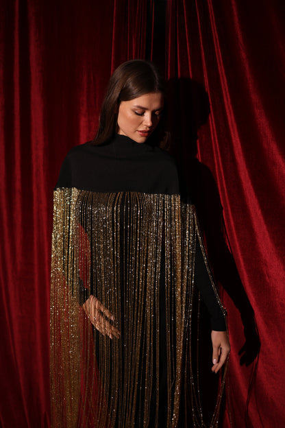 Black Cape with 1-meter gold handmade fringes