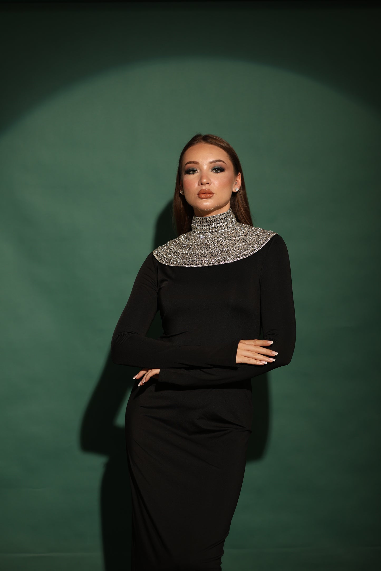Crystal High-Neck Collar Cape