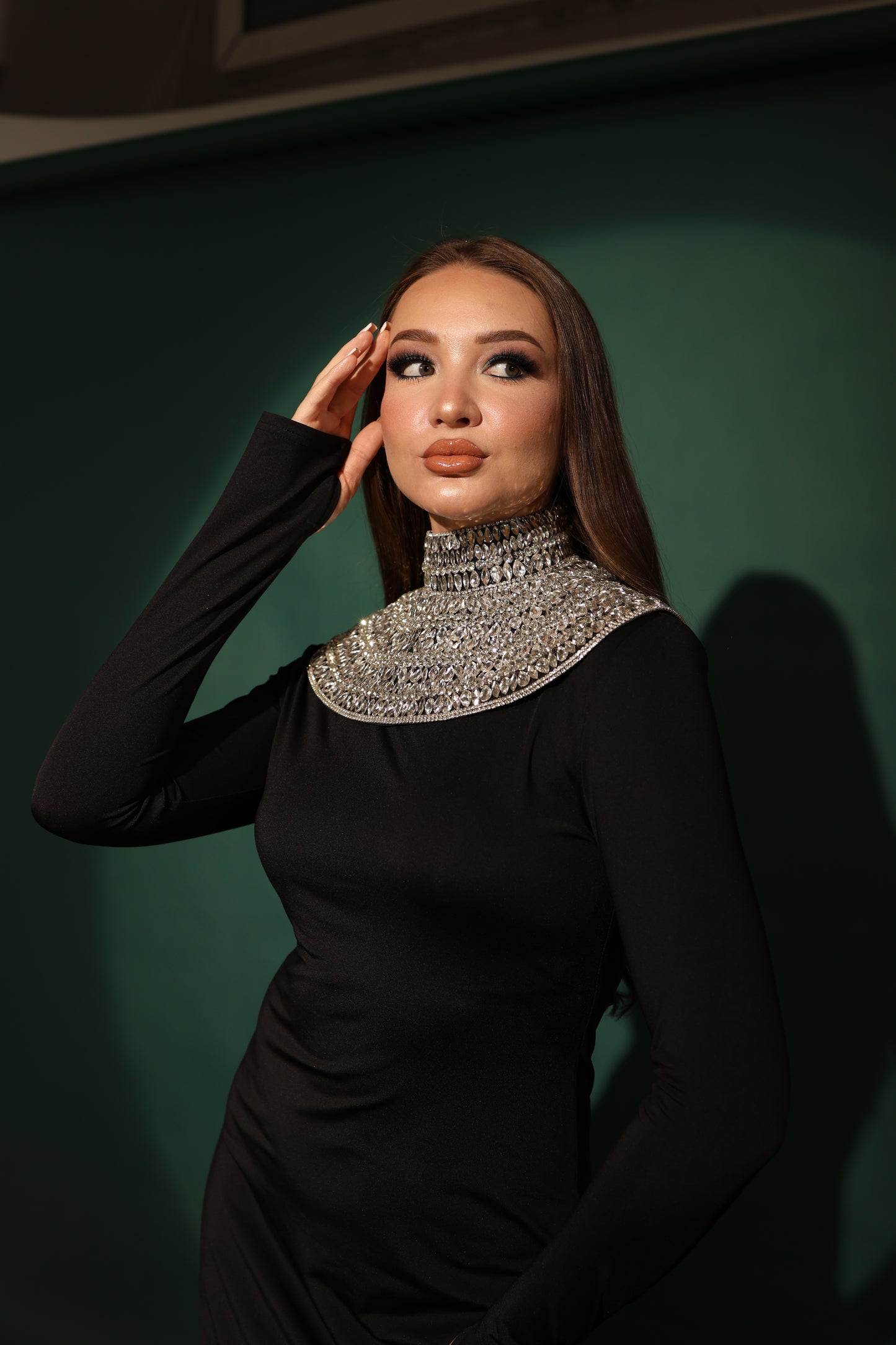 Crystal High-Neck Collar Cape