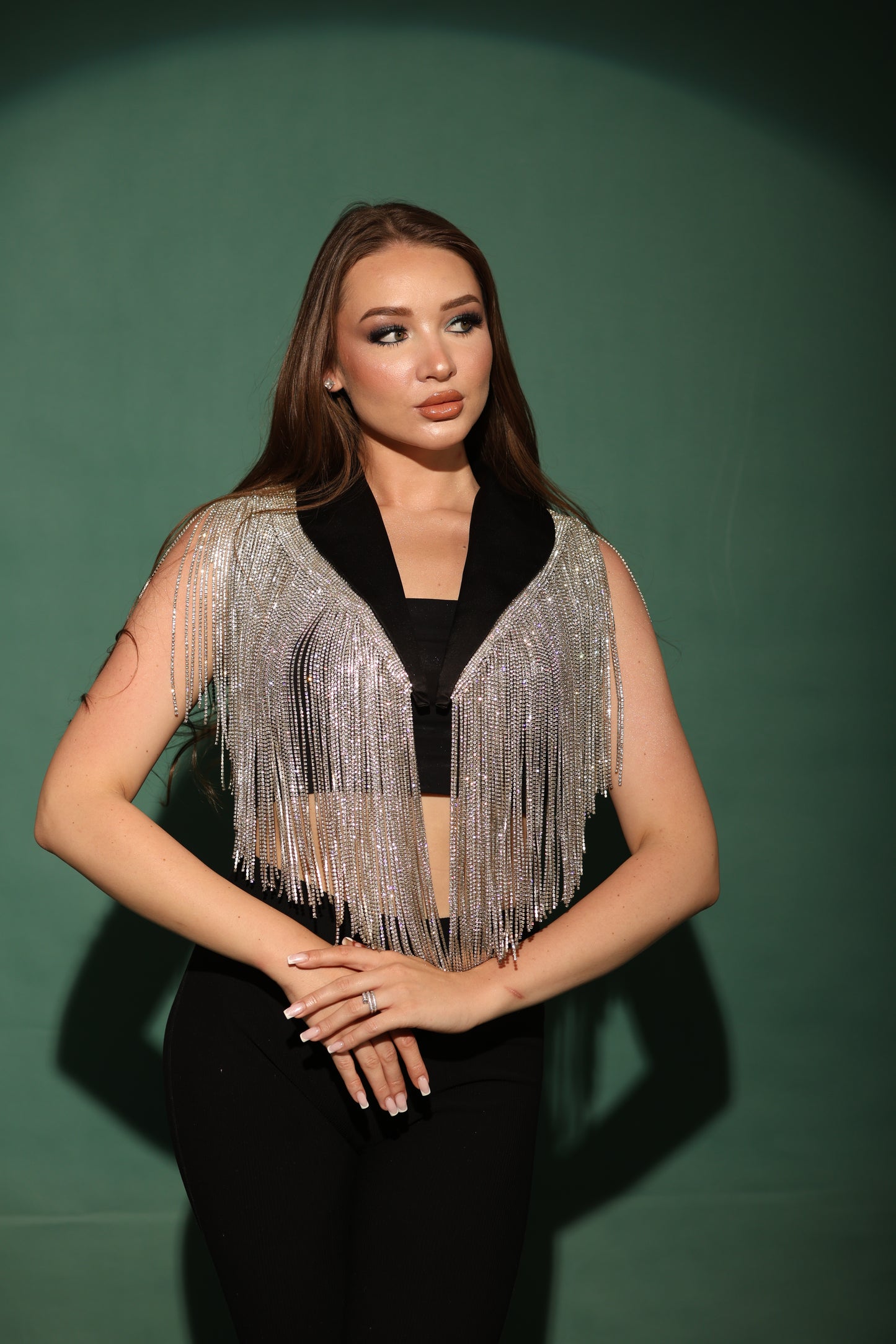 Black Cool-shawl collar with dazzling silver fringes