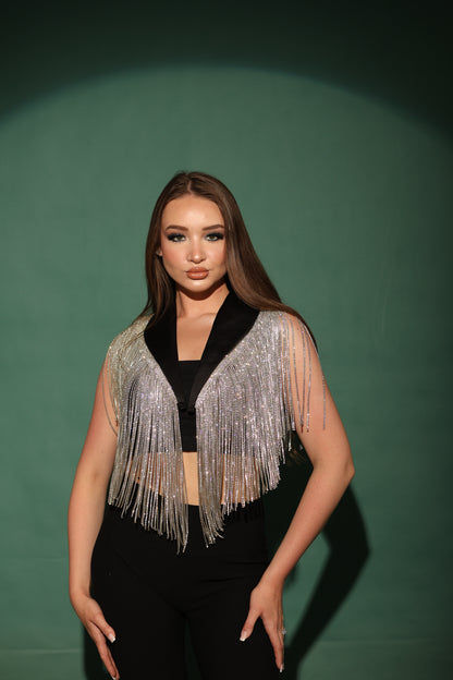 Black Cool-shawl collar with dazzling silver fringes