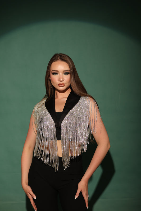 Black Cool-shawl collar with dazzling silver fringes