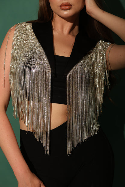 Black Cool-shawl collar with dazzling silver fringes