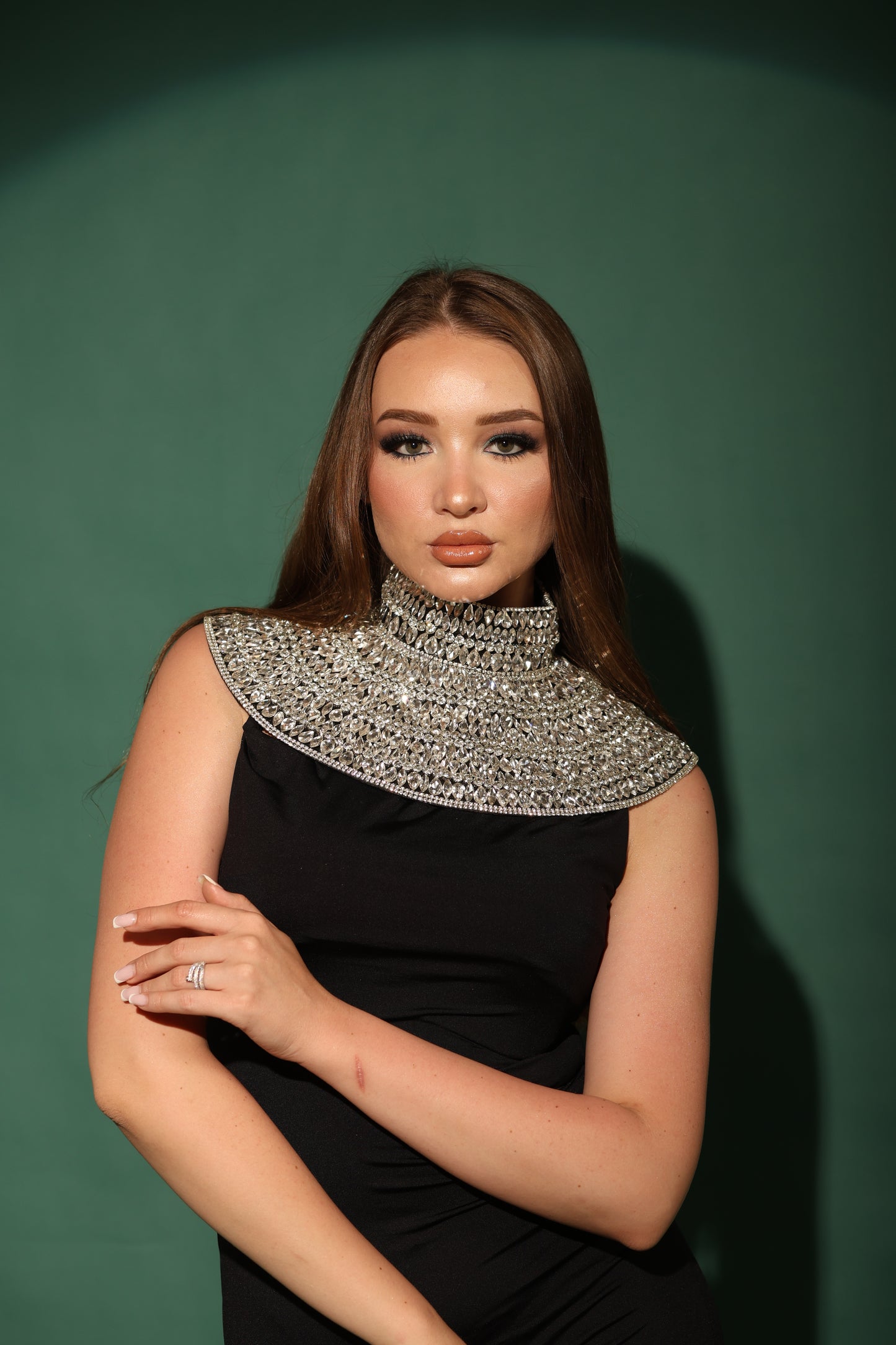 Crystal High-Neck Collar Cape