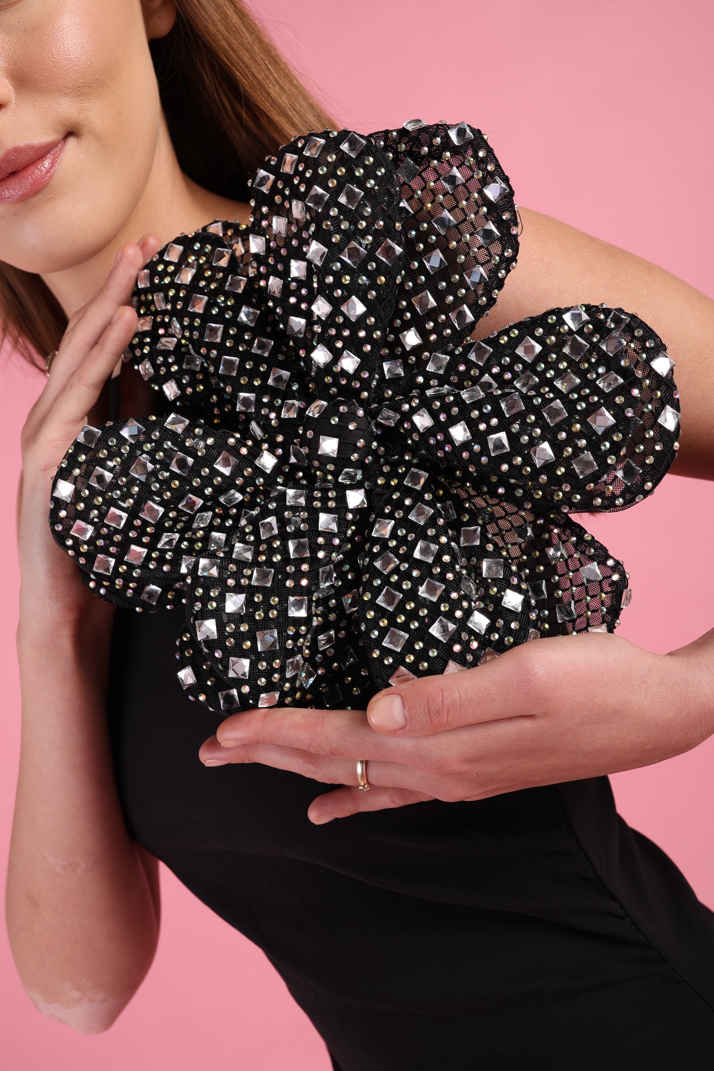 Oversized Black & Crystal Flower Statement Brooch