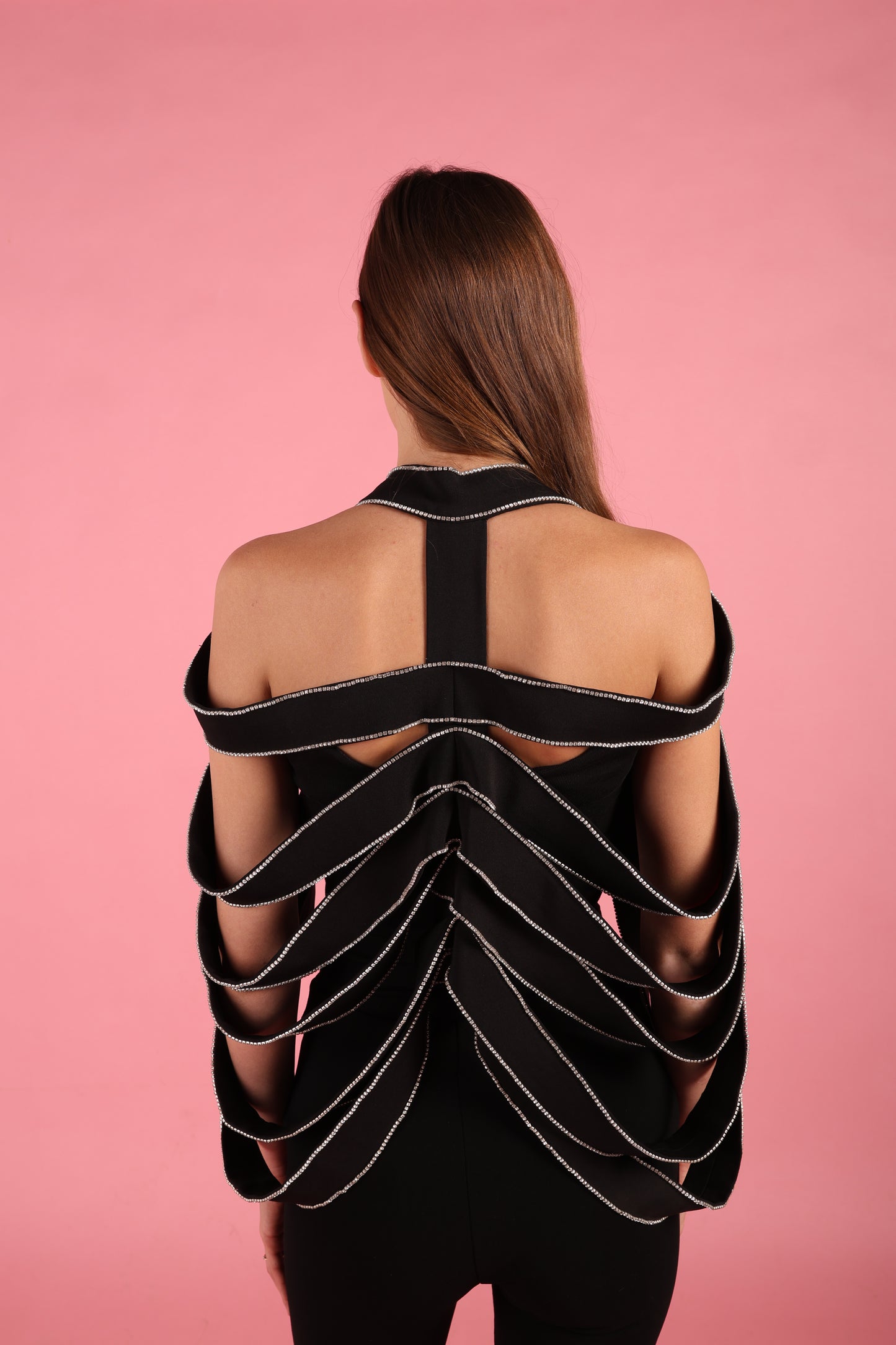 Black Strap Rhinestone Overlay Shoulder cape fits size36/48