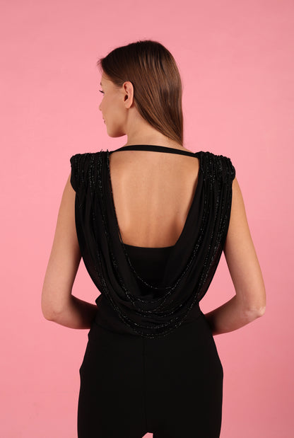 Draped Cowl Neck Top with Black Crystal Chains