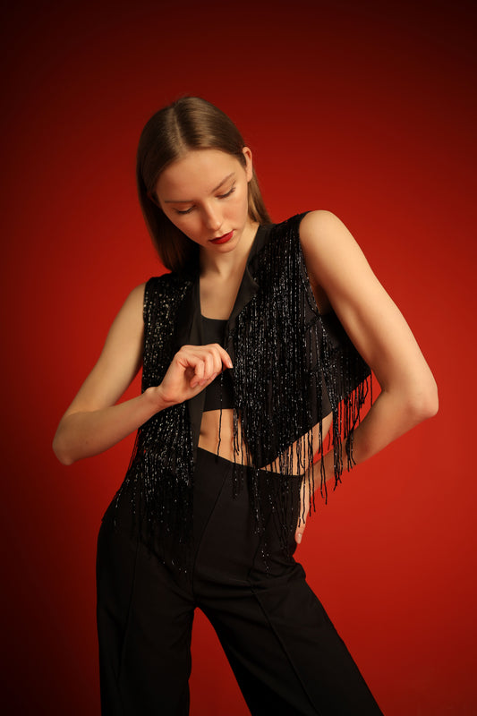 Black vest with black fringes- fits 36/38