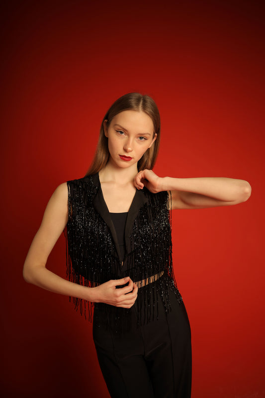 Black vest with black fringes- fits 36/38