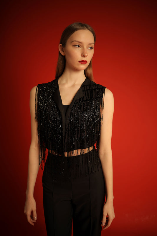 Black vest with black fringes- fits 36/38