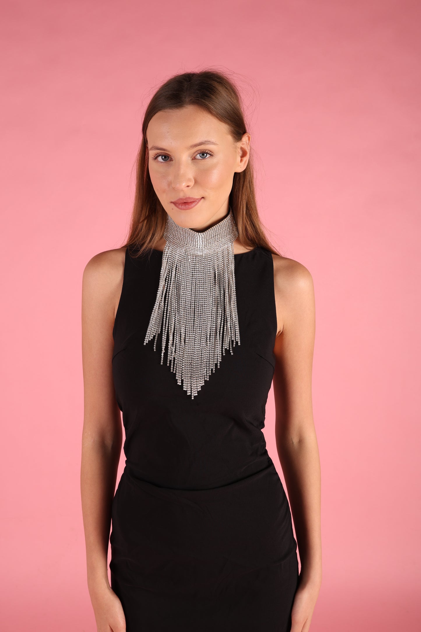 Silver Rhinestone Tassel Collar Statement Neckpiece