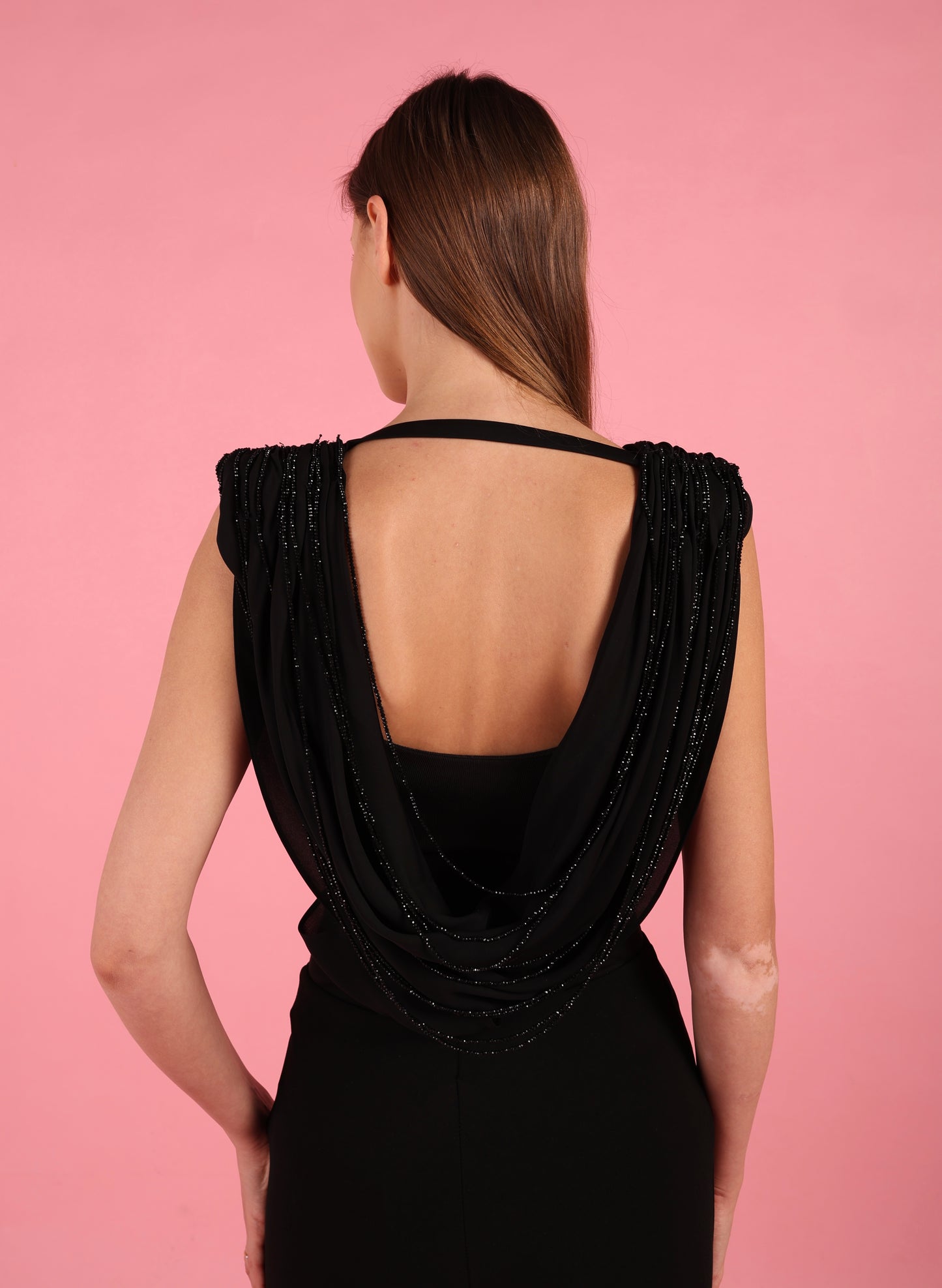 Draped Cowl Neck Top with Black Crystal Chains